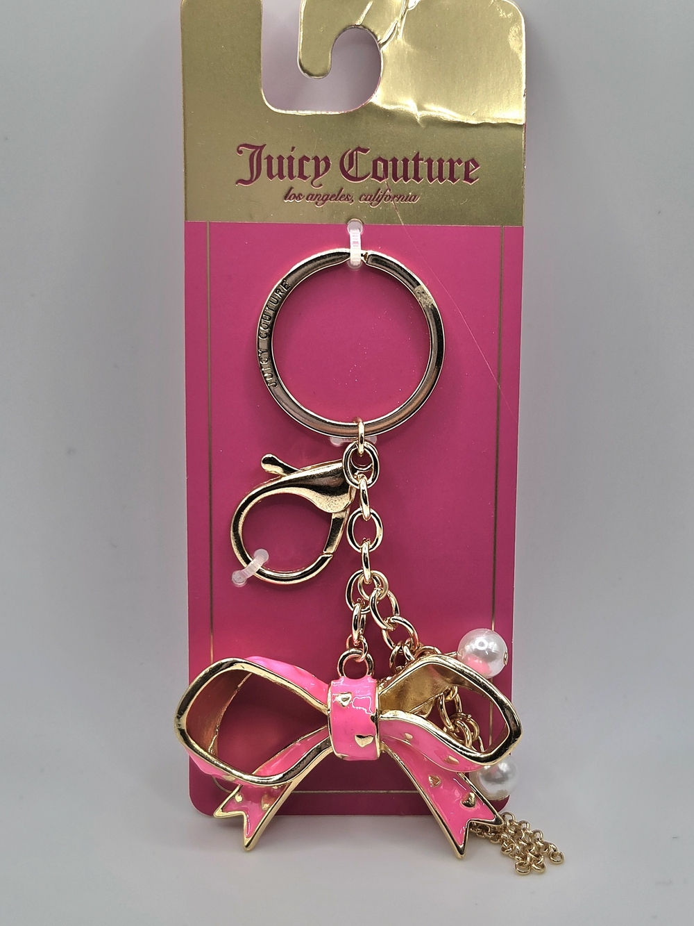 Juicy Couture Hot Pink Enamel Bow Keychain with Gold Hardware